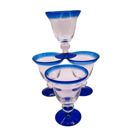 Vintage Mexican Hand Blown Cobalt Blue Rim/Bottom Wine Glasses Goblets Set of 4 - Picture 4 of 16